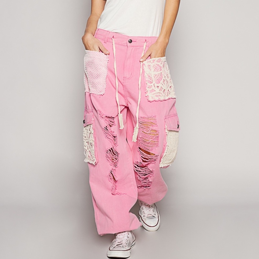 POL Pink Distressed Wide-Leg Track Pants with Crochet Pockets